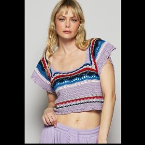 POL Crochet Knit Short Sleeve Top (Lavender Multi)